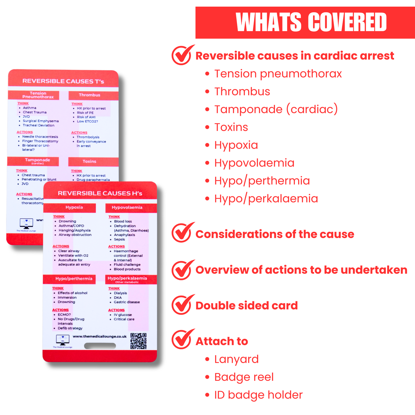 Reversible Causes in Cardiac Arrest Card | 4 H's and T's | Lanyard Badge Card for Paramedics, Nurses, Emergency Clinicians and Doctors