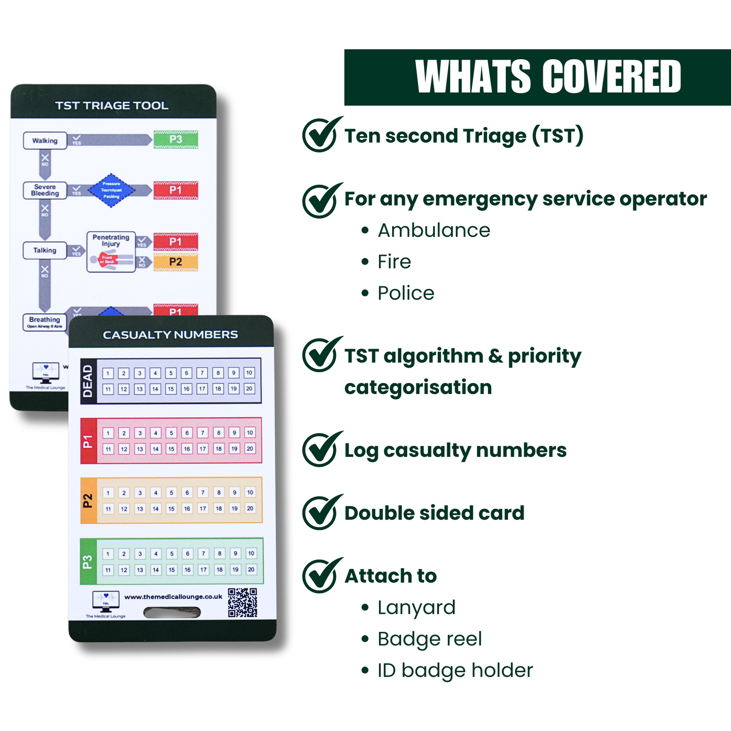 Ten Second Triage (TST) Reference Card | MCI Algorithm and Casualty Log | Lanyard Card for Paramedics, HART, Fire and Emergency Responders
