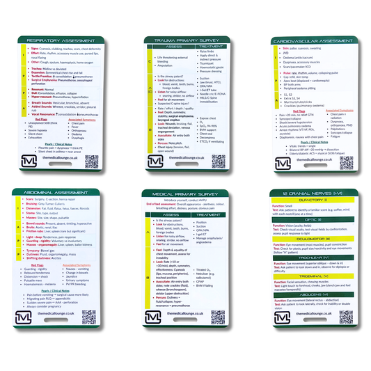 Ultimate Patient Assessment 6 Card Bundle – Paramedic & Student Reference Set for Respiratory, Primary Survey, Medical, Cardiovascular, Abdominal & Cranial Nerve Revision