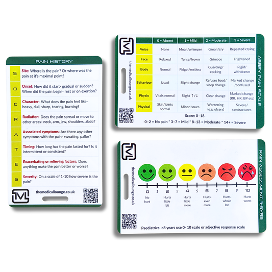 Pain Assessment Pocket Card Bundle – Educational Reference Set for Wong-Baker, FLACC, Abbey Pain Scale, PAINAD, SOCRATES & Adjective Pain Scale