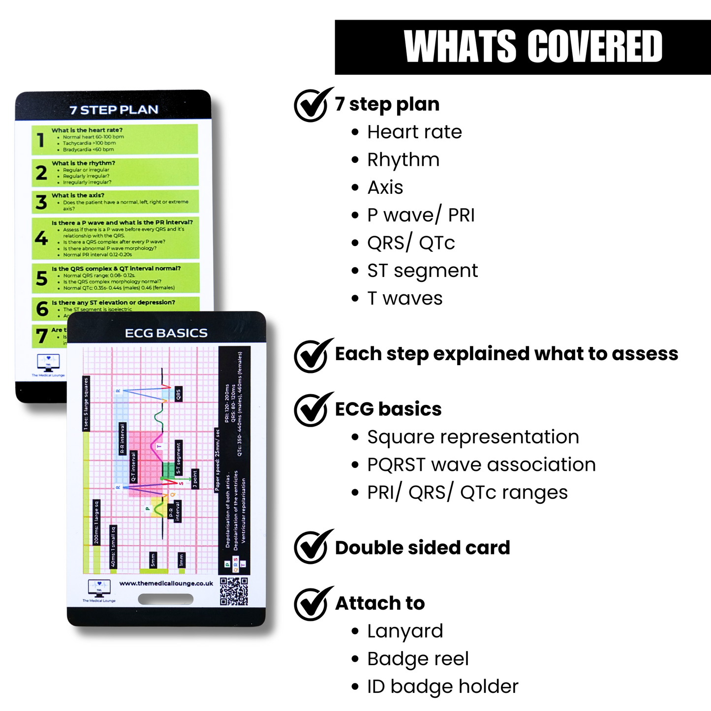 7-Step ECG Interpretation and ECG Basics Card | Lanyard Reference for Paramedics, Nurses and ecg Students | PQRST & Timing Guide