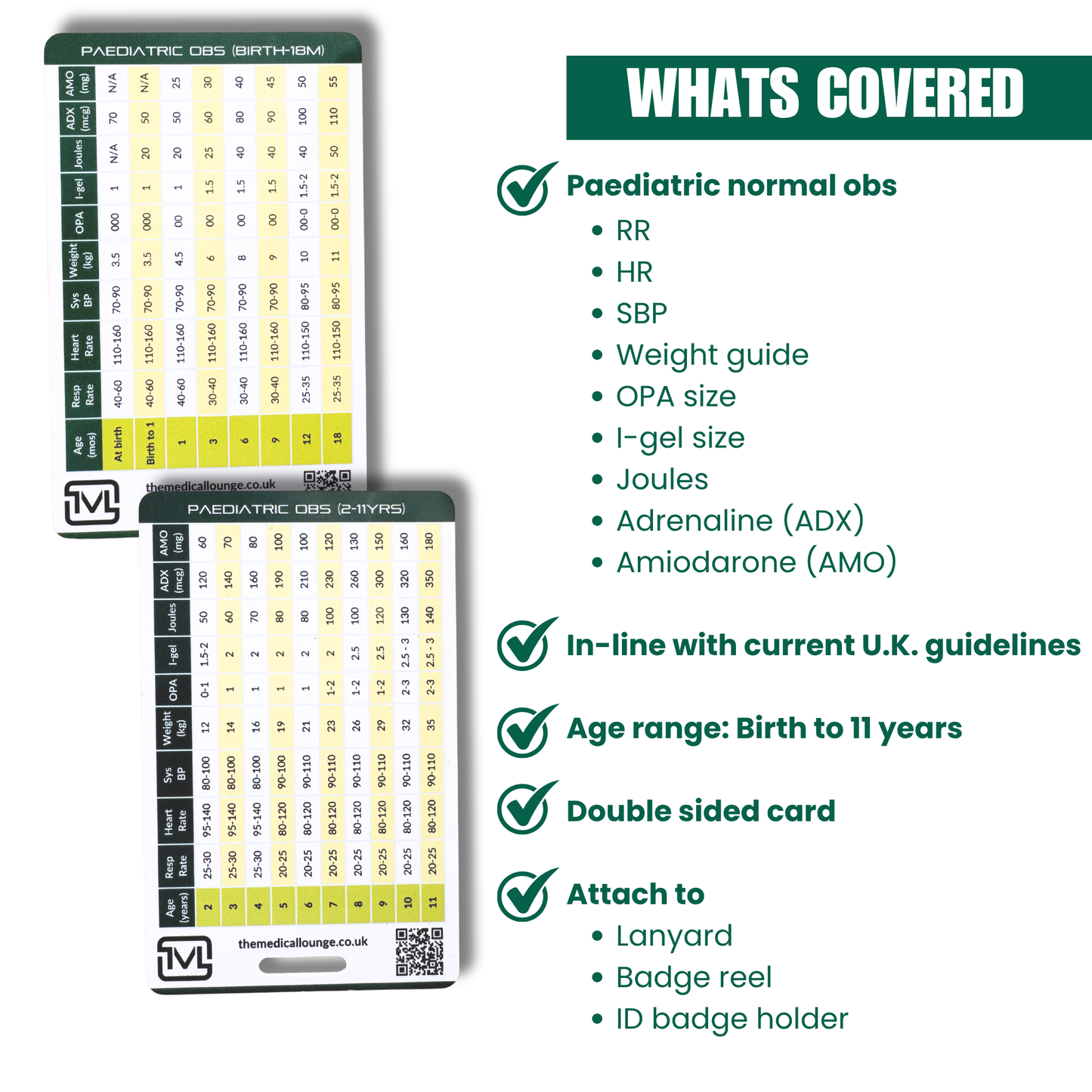 Paediatric Observation and Cardiac arrest Drug Dose Card | UK Guidelines | Lanyard Card for Paramedics, Nurses, students and doctors