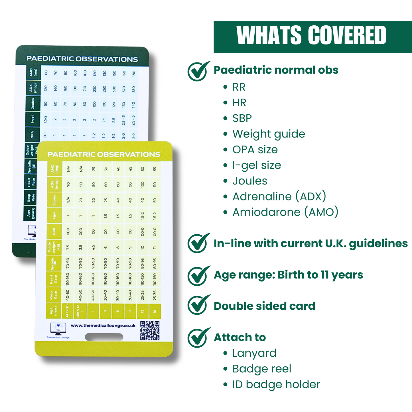 Paediatric Observation and Cardiac arrest Drug Dose Card | UK Guidelines | Lanyard Card for Paramedics, Nurses, students and doctors