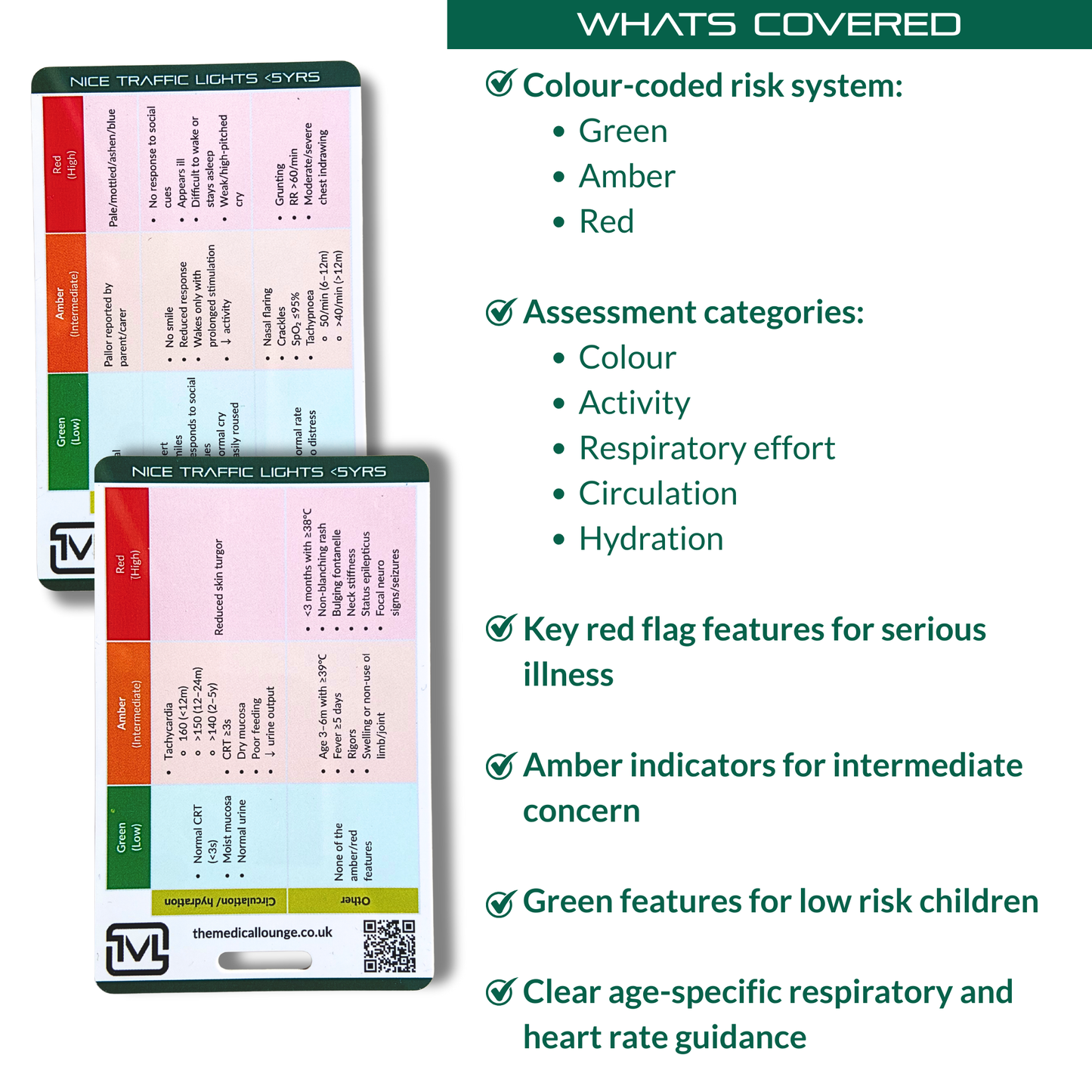 NICE Traffic Light System Reference Card | Paediatric Assessment Study Aid (Under 5s)  | Lanyard Card for Paramedics, Nurses, students and doctors
