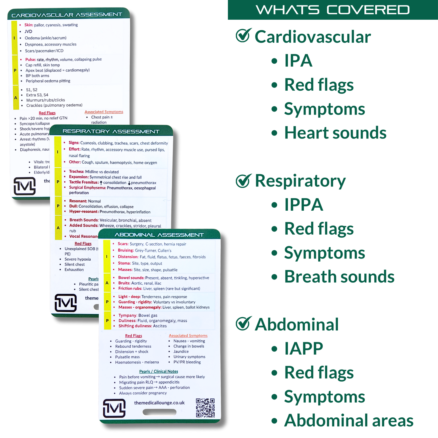 System Assessment Pocket Card Bundle – Cardiovascular, Respiratory & Abdominal Exam Reference for Paramedic, EMT & Student Revision