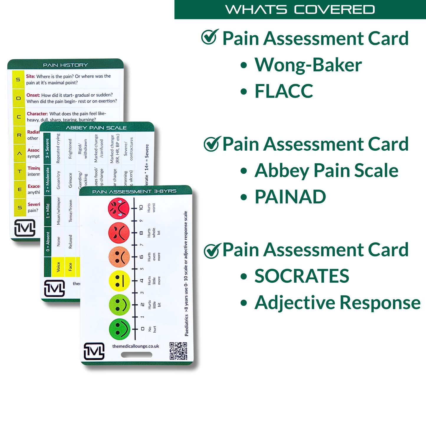 Pain Assessment Pocket Card Bundle – Educational Reference Set for Wong-Baker, FLACC, Abbey Pain Scale, PAINAD, SOCRATES & Adjective Pain Scale